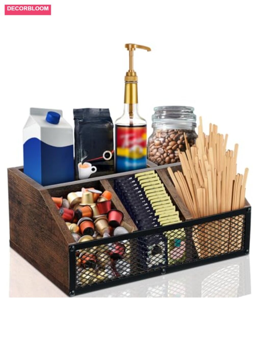 Rustic Coffee Bar Organizer with 5 Compartments, Iron Mesh & Wood
